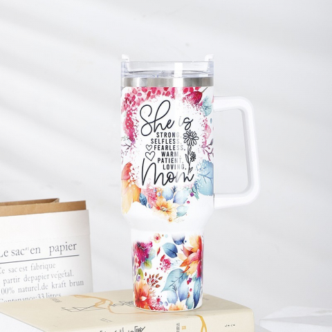 Cana termos din plastic, pentru bauturi calde si reci, cu maner, imprimeu floral, cu mesaj pentru mama, alb, 10x7.6x27.5 cm [7]