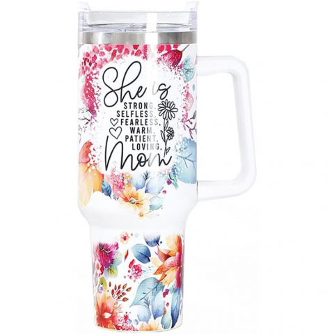 Organizatoare si accesorii pentru bucatarie - Cana termos din plastic, pentru bauturi calde si reci, cu maner, imprimeu floral, cu mesaj pentru mama, alb, 10x7.6x27.5 cm