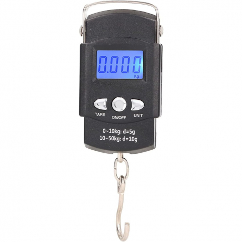 Accesorii și ustensile in bucatarie - Cantar digital de mana cu carlig, cantar portabil, pescuit, cu maner, capacitate 50 kg, cu metru incorporat, 20.5 x 6 x 2.5 cm, negru