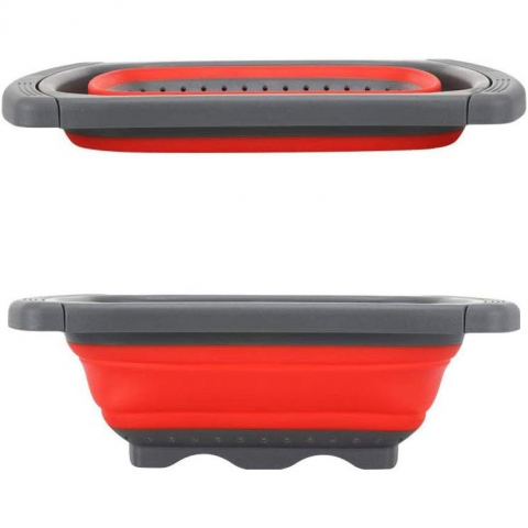 Cos de scurgere retractabil pentru chiuveta, cu filtru, pentru fructe si legume, de uz casnic, 39x12 cm, design extensibil pana la 61 cm, cu manere de prindere, rosu [8]