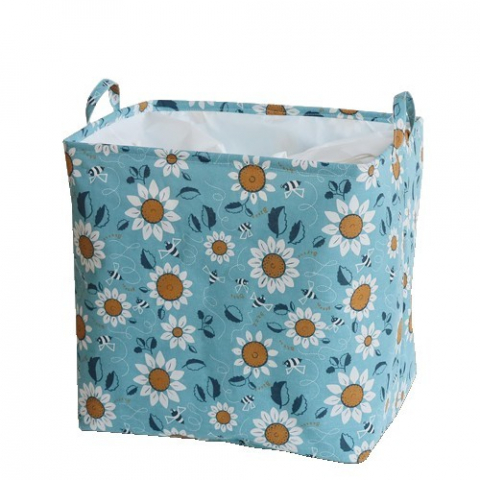 Cos depozitare, capac cu snur, 175 l, confectionat din bumbac si un strat impermeabil, 50 x 50 x 70 cm, albastru deschis, imprimeu flori [1]