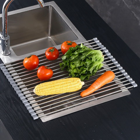 Covoras de scurgere pentru chiuveta bucatarie, din otel inoxidabil, suport chiuveta, pliabil, antiderapant, usor de curatat si de depozitat, 37x30cm, 15 tuburi, gri [2]