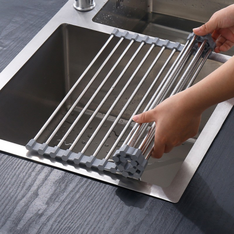 Covoras de scurgere pentru chiuveta bucatarie, din otel inoxidabil, suport chiuveta, pliabil, antiderapant, usor de curatat si de depozitat, 37x30cm, 15 tuburi, gri [4]