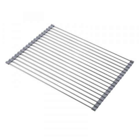 Organizatoare si accesorii pentru bucatarie - Covoras de scurgere pentru chiuveta bucatarie, din otel inoxidabil, suport chiuveta, pliabil, antiderapant, usor de curatat si de depozitat, 47x37cm, 18 tuburi, gri