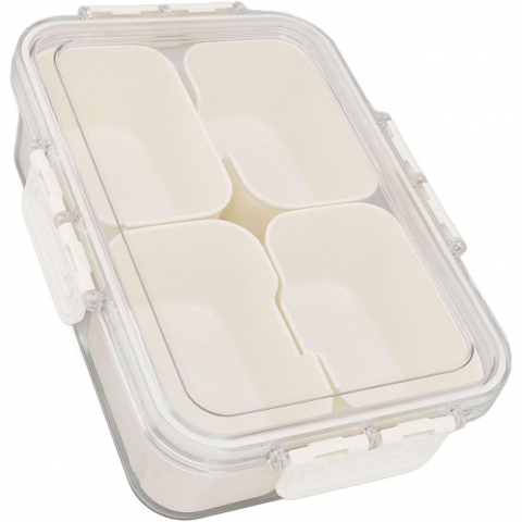 Recipiente pentru alimente de baza, gustari si cereale - Cutie alimentara multifunctionala, pentru condimente, gustari,  inchidere etans, cu capac si maner, 4 compartimente, 25 x 8 x 18 cm, alb