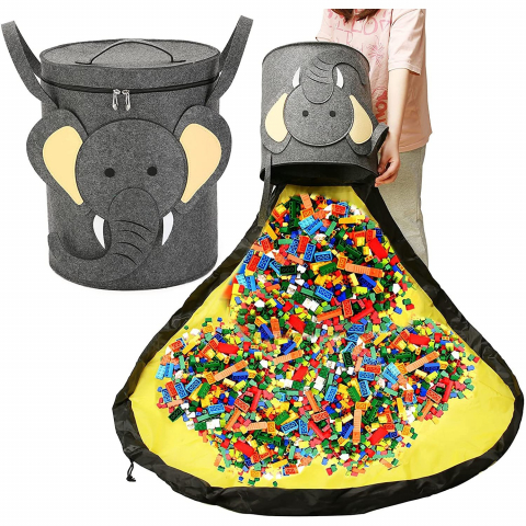 Cutie de depozitare 2in1, impermeabila, covor pentru jucarii si lego 150cm, capacitate mare, cu manere, cu sfori, inaltime 40cm, model elefan, gri [2]
