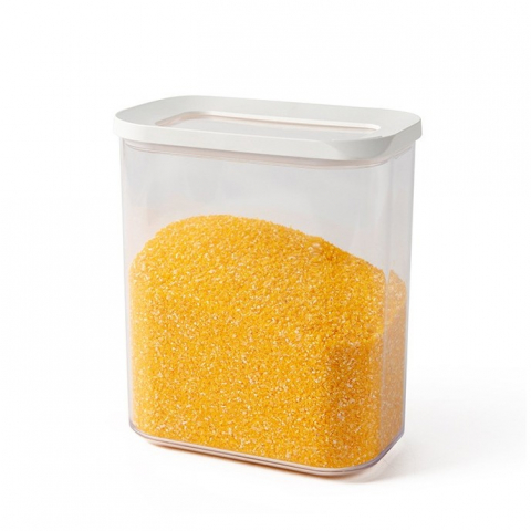 Recipiente pentru alimente de baza, gustari si cereale - Cutie de depozitare alimente, 1.5l, capac alb, din abs+silicon, 14.5 x 9 x 16.7 cm, transparent