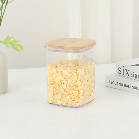 Cutie de depozitare alimente, cutie de tip container, cutie pentru cereale, din plastic, capac din bambuc, 10 x 10 x 14 cm, volum 0.8 l, transparent [1]
