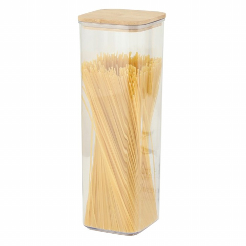 Recipiente pentru alimente de baza, gustari si cereale - Cutie de depozitare alimente, cutie de tip container, cutie pentru cereale, din plastic, capac din bambuc, 10 x 10 x 30 cm, volum 1.9 l, transparent