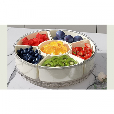 Cutie de depozitare pentru alimente, cu 6 compartimente, pentru condimente, fructe, legume, cu manere de prindere, rotativa 360 de grade, inchidere ermetica, 32x8 cm, alba [5]