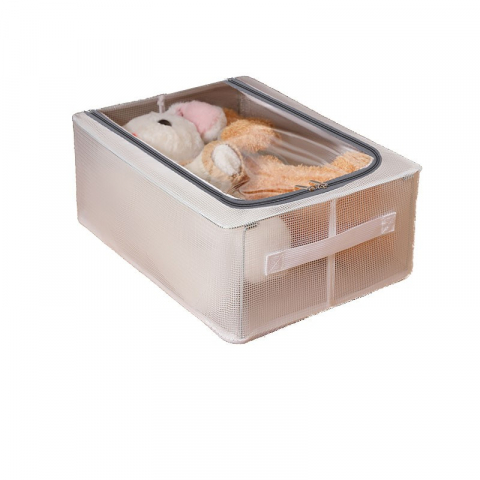Cutii depozitare/M/transparenta si acces superior - Cutie de depozitare, pentru pantofi haine, din plasa pvc impermeabila si cadru de otel, pliabila, fermoar bidirectional, 40 x 30 x 15 cm transparenta