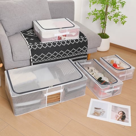 Cutie de depozitare, pentru pantofi haine, din plasa pvc impermeabila si cadru de otel, pliabila, fermoar bidirectional, 40 x 30 x 15 cm transparenta [1]