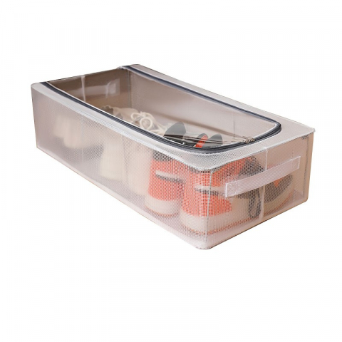 Cutii depozitare/M/transparenta si acces superior - Cutie de depozitare, pentru pantofi haine, din plasa pvc impermeabila si cadru de otel, pliabila, fermoar bidirectional, 60 x 30 x 15 cm, transparenta
