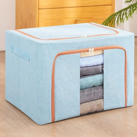 Cutie de depozitare pliabila, 100 l, din bumbac si in, 60x42x40 cm, 2 ferestre, frontala si laterala, 2 usi de acces cu fermoar bidirectional, cadru metalic, suport baza stabil din plastic, bleu [2]