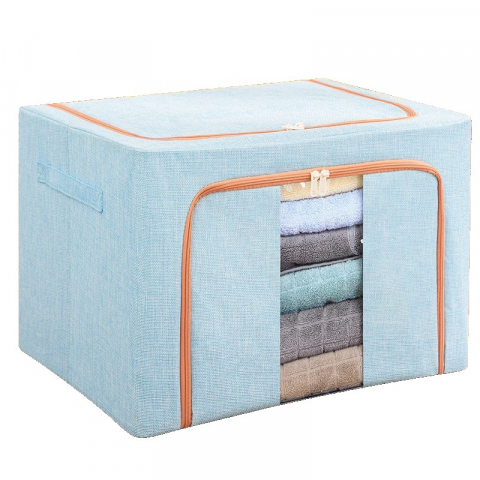 Favorite - Cutie de depozitare pliabila, 100 l, din bumbac si in, 60x42x40 cm, 2 ferestre, frontala si laterala, 2 usi de acces cu fermoar bidirectional, cadru metalic, suport baza stabil din plastic, bleu