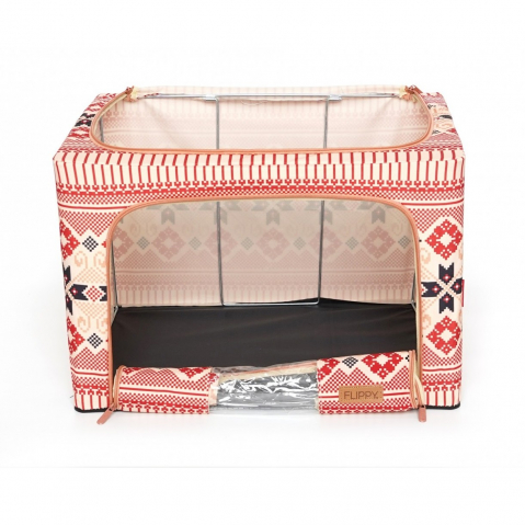 Cutie de depozitare pliabila,100 l din bumbac si in, 60x42x40 cm, fereastra frontala, 2 usi de acces cu fermoar bidirectional, cadru metalic, suport baza stabil din plastic, motiv traditional model 1 [7]