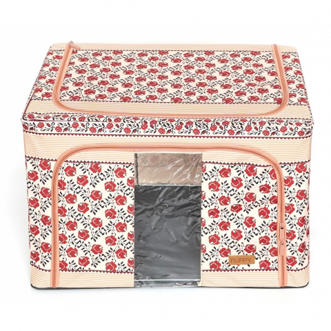 Cutie de depozitare pliabila,100 l din bumbac si in, 60x42x40 cm, fereastra frontala, 2 usi de acces cu fermoar bidirectional, cadru metalic, suport baza stabil din plastic, motiv traditional model 4 [4]