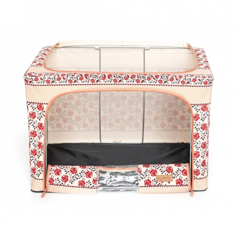 Cutie de depozitare pliabila,100 l din bumbac si in, 60x42x40 cm, fereastra frontala, 2 usi de acces cu fermoar bidirectional, cadru metalic, suport baza stabil din plastic, motiv traditional model 4 [8]
