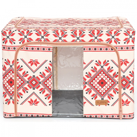 Pentru depozitare sezonieră - Cutie de depozitare pliabila,100 l din bumbac si in, 60x42x40 cm, fereastra frontala, 2 usi de acces cu fermoar bidirectional, cadru metalic, suport baza stabil din plastic, motiv traditional model 2