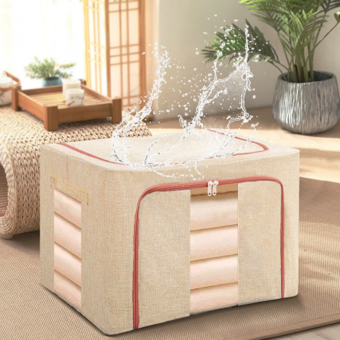 Cutie de depozitare pliabila, 24 l, din bumbac si in, 40x30x20 cm, 2 ferestre, frontala si laterala, 2 usi de acces cu fermoar bidirectional, cadru metalic, suport baza stabil din plastic, bej [3]