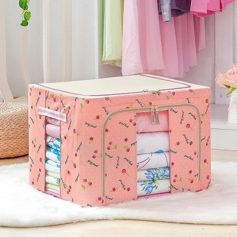 Organizare pentru casă - Cutie de depozitare pliabila, 24 l, panza oxford, 40x30x20 cm, fereastra frontala, 2 usi de acces cu fermoar bidirectional, cadru metalic, suport baza stabil din plastic, imprimeu cirese, roz