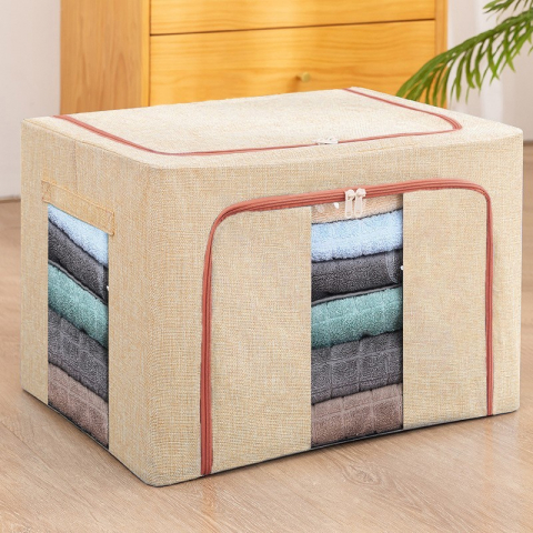 Organizare pentru casă - Cutie de depozitare pliabila, 66 l, din bumbac si in, 50x40x33 cm, 2 ferestre, frontala si laterala, 2 usi de acces cu fermoar bidirectional, cadru metalic, suport baza stabil din plastic, bej