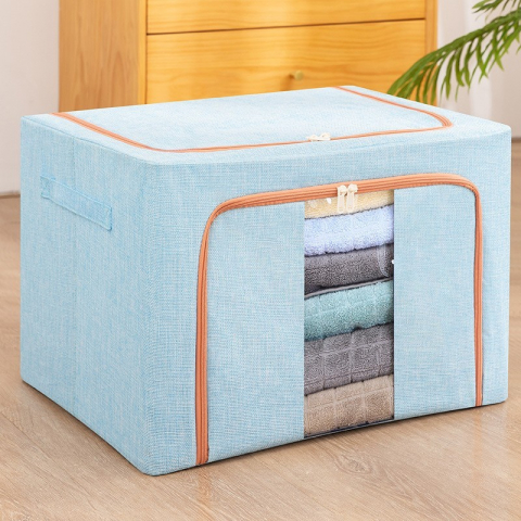 Organizare pentru casă - Cutie de depozitare pliabila, 66 l, din bumbac si in, 50x40x33 cm, fereastra frontala, 2 usi de acces cu fermoar bidirectional, cadru metalic, suport baza stabil din plastic, bleu