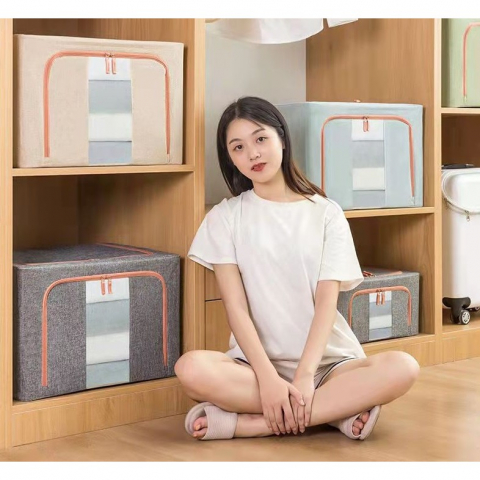 Cutie de depozitare pliabila, 66 l, din bumbac si in, 50x40x33 cm, fereastra frontala, 2 usi de acces cu fermoar bidirectional, cadru metalic, suport baza stabil din plastic, gri [10]