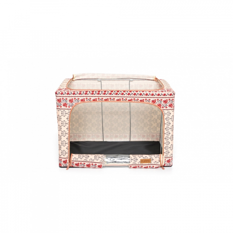 Cutie de depozitare pliabila, 66 l din bumbac si in, 52 x 42 x 39 cm, fereastra frontala, 2 usi de acces cu fermoar bidirectional, cadru metalic, suport baza stabil din plastic, motiv traditional model 6 [5]