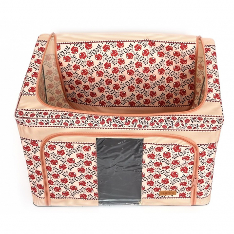 Cutie de depozitare pliabila, 66 l din bumbac si in, 52 x 42 x 39 cm, fereastra frontala, 2 usi de acces cu fermoar bidirectional, cadru metalic, suport baza stabil din plastic, motiv traditional model 7 [3]