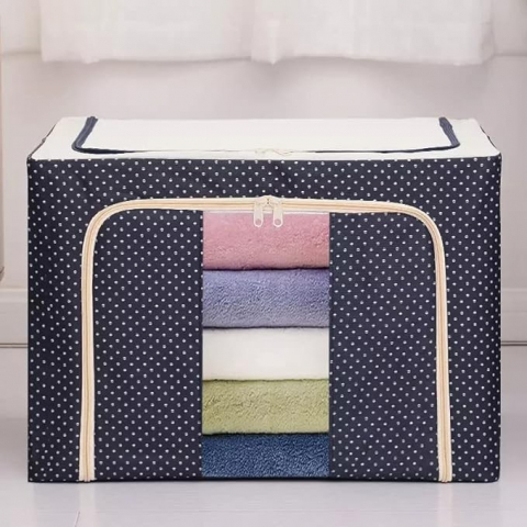 Cutie de depozitare pliabila, 66 l, din panza oxford, 50x40x33 cm, 2 ferestre, frontala si laterala, 2 usi de acces cu fermoar bidirectional, cadru metalic, suport baza stabil din plastic, imprimeu buline, albastru marin [2]