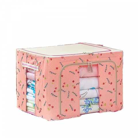 Cutie de depozitare pliabila, 66 l, din tesatura oxford, 50x40x33 cm, 2 ferestre, frontala si laterala, 2 usi de acces cu fermoar bidirectional, cadru metalic, suport baza stabil din plastic, imprimeu cirese, roz [2]