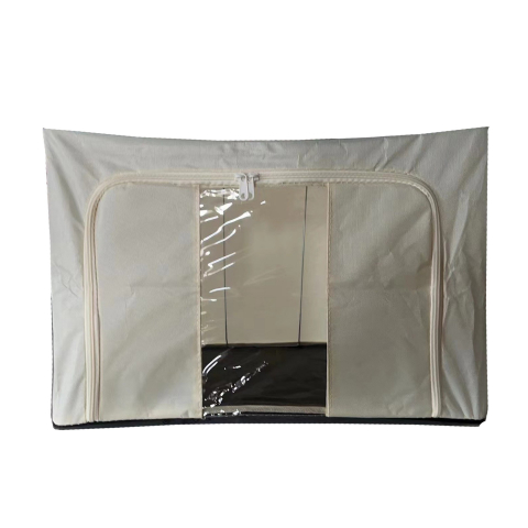 Cutii depozitare/XL/cu fereastra si acces frontal - Cutie de depozitare pliabila, cadru metalic, cu fermoar, 100 l, material textil, 60 x 42 x 40 cm, suport de baza din plastic stabil, bej