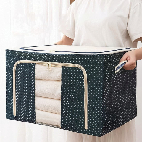 Pentru depozitare sezonieră - Cutie de depozitare pliabila, cu fermoar, 100 l, textil, 60x42x40 cm, albastru marin, cadru metalic, suport baza stabil din plastic, imprimeu buline