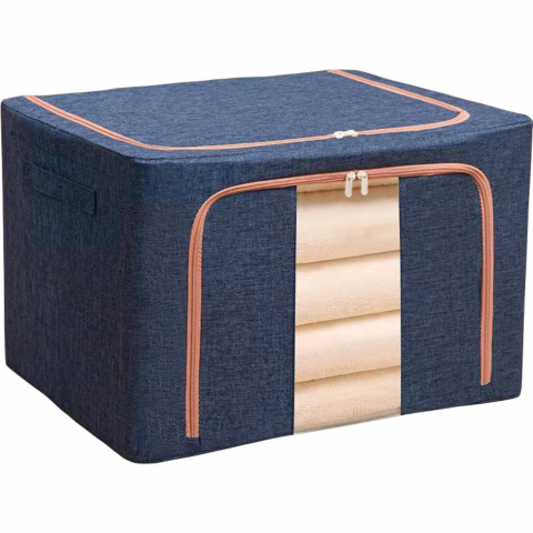 Cutie de depozitare pliabila, cu fermoar, 100 l, textil, 60x42x40 cm, cadru metalic, suport baza stabil din plastic, albastru marin