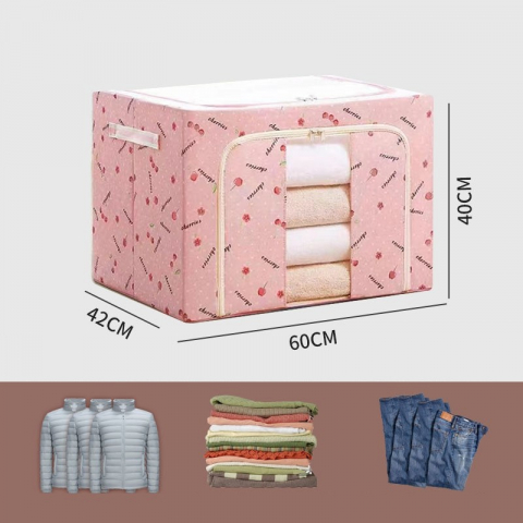 Cutie de depozitare pliabila, cu fermoar, 100 l, textil, 60x42x40 cm, cu fereastra, cadru metalic, suport baza stabil din plastic, imprimeu cirese, roz [1]