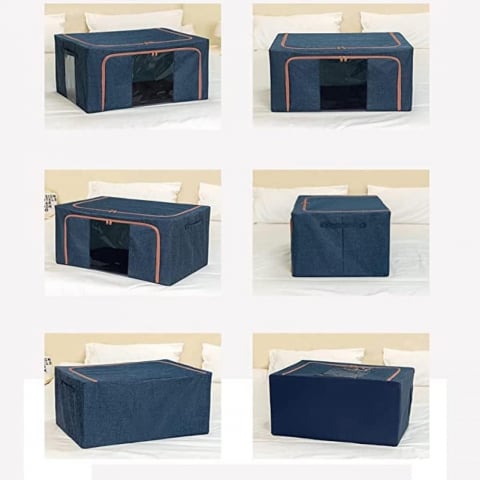 Cutie de depozitare pliabila, cu fermoar, 24 l, textil, 40x30x20 cm, cadru metalic, suport baza stabil din plastic, albastru marin cu doua ferestre [3]