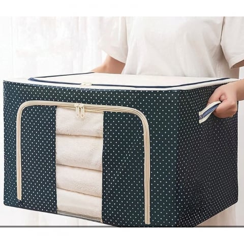 Cutie de depozitare pliabila, cu fermoar, 66 l, textil, 50 x 40 x 33 cm, cadru metalic, suport baza stabil din plastic, imprimeu buline, albastru marin [1]