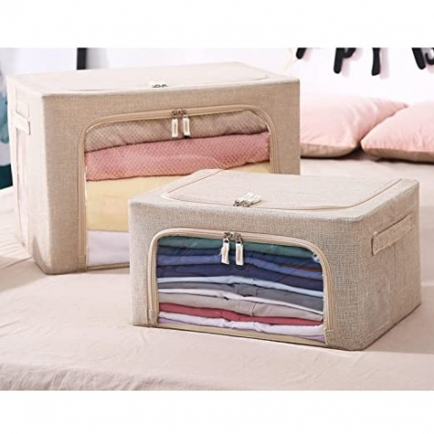 Cutie de depozitare pliabila, cu fermoar, 66 l, textil, 50x40x33 cm, cadru metalic, suport baza stabil din plastic, crem [1]