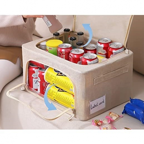 Organizare pentru casă - Cutie de depozitare pliabila, cu fermoar, 66 l, textil, 50x40x33 cm, cadru metalic, suport baza stabil din plastic, crem