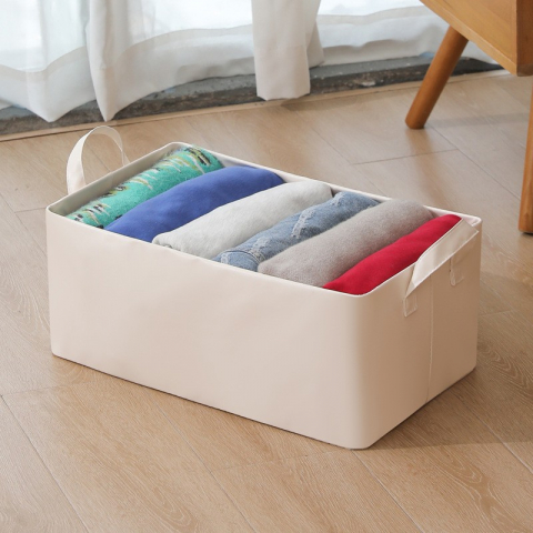 Cutie de depozitare tip cos, material piele ecologica, pliabila, 47x28x20 cm, 26 l, cadru metalic, cu manere, bej [4]