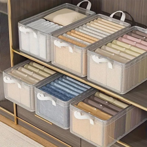 Cutie de depozitare tip cos, material textil transparent, pliabila, 47x28x20 cm, 35 l, cadru metalic, cu manere, alb [2]