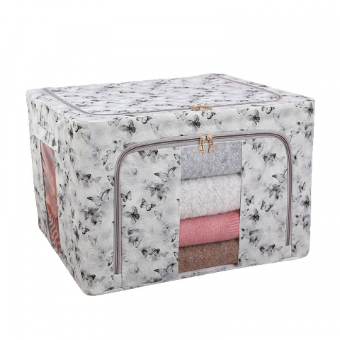 Organizare pentru casă - Cutie depozitare, 66l, din material textil, 50 x 40 x 33 cm, pentru haine si lenjerii, model fluturasi, gri/auriu