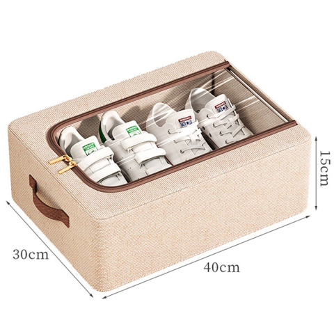 Organizare pentru casă - Cutie depozitare cu cadru metalic, pentru incaltaminte, haine, lingerie, fermoar calitativ, fereastra transparenta, manere laterale, 40 x 30 x 15 cm bej