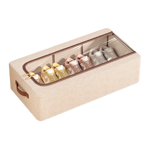 Organizare pentru casă - Cutie depozitare cu cadru metalic, pentru incaltaminte, haine, lingerie, fermoar calitativ, fereastra transparenta, manere laterale, 60 x 30 x 15 cm bej