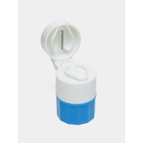 Cutie pastile multifunctionala, 4 in 1, pahar apa, taiere, sfaramare, depozitare, compact, abs cu lama din inox, alb/albastru, 8.7x6.2x4.1 cm [5]