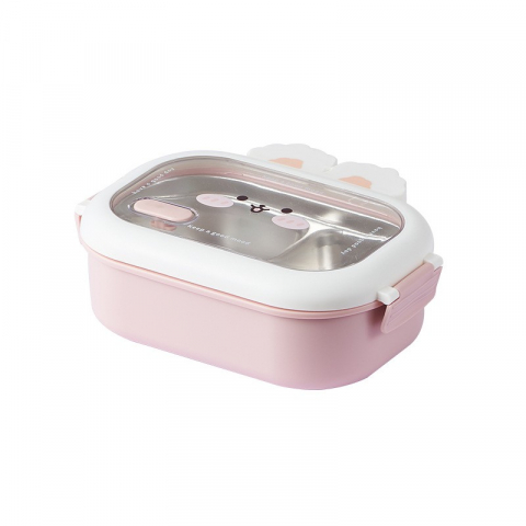 Caserole, genți termice și organizatoare pastile - Cutie pentru pranz sau gustari, cu doua compartimente, model iepuras, pentru copii si adulti, etansare, pp, perfect pentru scoala si birou, 1000 ml, 22x17.8x8 cm, roz