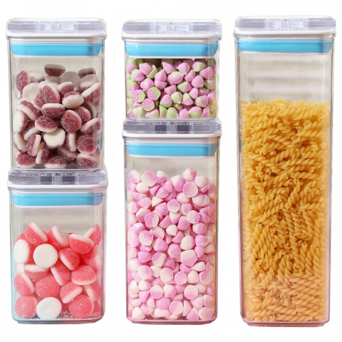 Seturi pentru organizarea cămării - Cutii de depozitare alimente, set din 5 cutii de tip container, 1x0.5 l, 2x0.8 l, 1x1.2 l, 1x1.9 l, recipiente pentru cereale in bucatarie,  transparente cu capac albastru-alb
