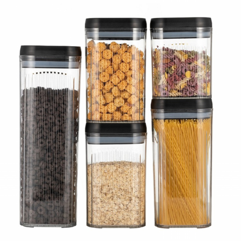 Promo rapid - Cutii de depozitare alimente, set din 5 cutii de tip container, recipiente pentru cereale in bucatarie,  transparente cu capac negru