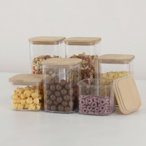 Cutii de depozitare alimente, set din 6 cutii de tip container, cutii pentru cereale, din plastic, capac din bambuc, 2pc 0.5 l. 2pc 0.8 l, 2pc 1.2 l, transparente [3]